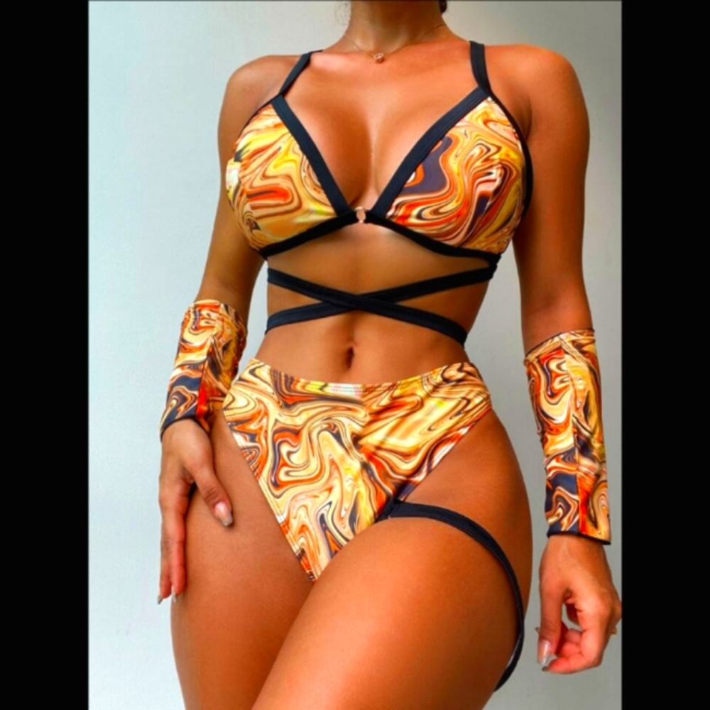 Marble Bikini Set With Thigh Ring And Arm Sleeves